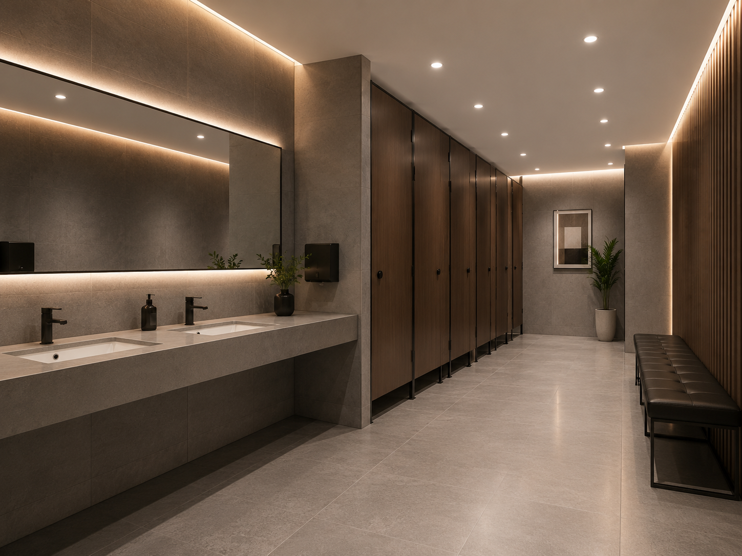 Compact laminat pisuar separatörleri — açıkta kalan kenarlarda radius oval form ve karakteristik siyah çekirdek